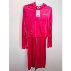 Juicy Couture Tracksuit large Pink party New Velour Rhinestone Hoodie Pants Set